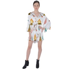 Cute-cartoon-native-american-seamless-pattern V-neck Flare Sleeve Mini Dress by uniart180623