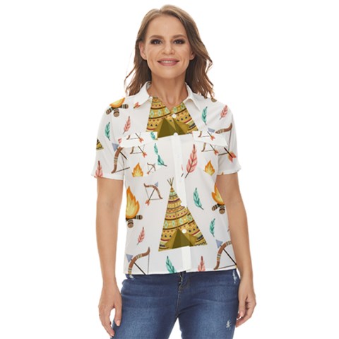 Cute-cartoon-native-american-seamless-pattern Women s Short Sleeve Double Pocket Shirt by uniart180623