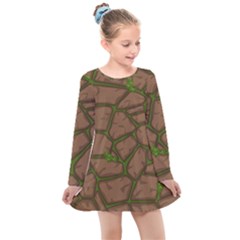 Cartoon-brown-stone-grass-seamless-background-texture-pattern Kids  Long Sleeve Dress by uniart180623