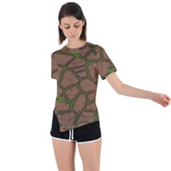 Cartoon-brown-stone-grass-seamless-background-texture-pattern Asymmetrical Short Sleeve Sports Tee by uniart180623