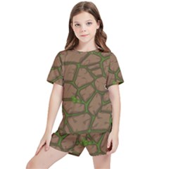 Cartoon-brown-stone-grass-seamless-background-texture-pattern Kids  Tee And Sports Shorts Set by uniart180623