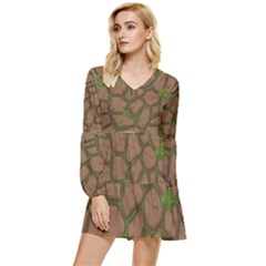 Cartoon-brown-stone-grass-seamless-background-texture-pattern Tiered Long Sleeve Mini Dress by uniart180623