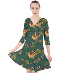 Cute-seamless-pattern-bird-with-berries-leaves Quarter Sleeve Front Wrap Dress by uniart180623