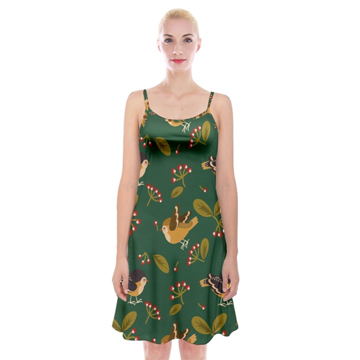 Cute-seamless-pattern-bird-with-berries-leaves Spaghetti Strap Velvet Dress