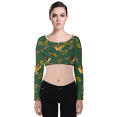 Cute-seamless-pattern-bird-with-berries-leaves Velvet Long Sleeve Crop Top by uniart180623