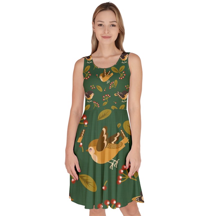 Cute-seamless-pattern-bird-with-berries-leaves Knee Length Skater Dress With Pockets