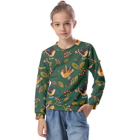 Cute-seamless-pattern-bird-with-berries-leaves Kids  Long Sleeve Tee With Frill  by uniart180623