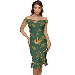 Cute-seamless-pattern-bird-with-berries-leaves Off Shoulder Ruffle Split Hem Bodycon Dress by uniart180623