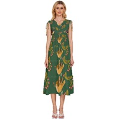 Cute-seamless-pattern-bird-with-berries-leaves V-neck Drawstring Shoulder Sleeveless Maxi Dress by uniart180623