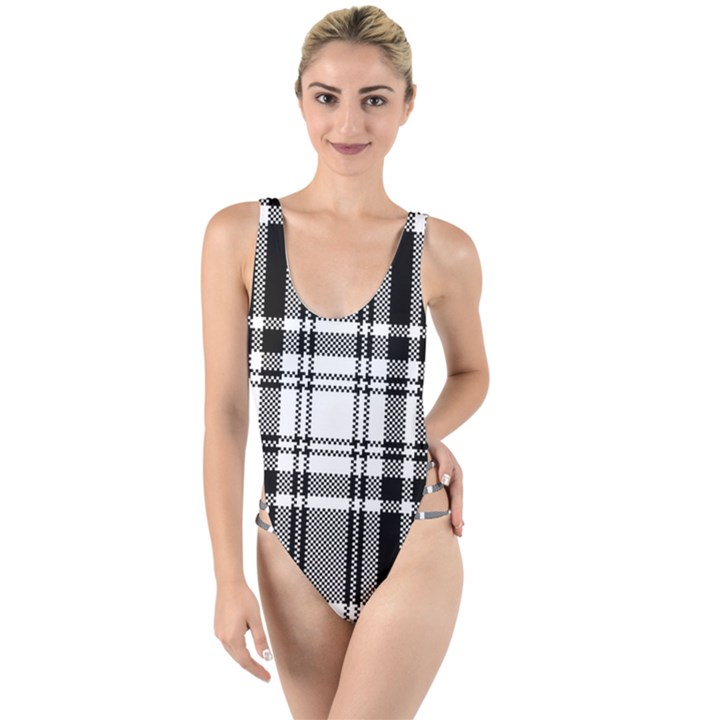 Pixel-background-design-modern-seamless-pattern-plaid-square-texture-fabric-tartan-scottish-textile- High Leg Strappy Swimsuit