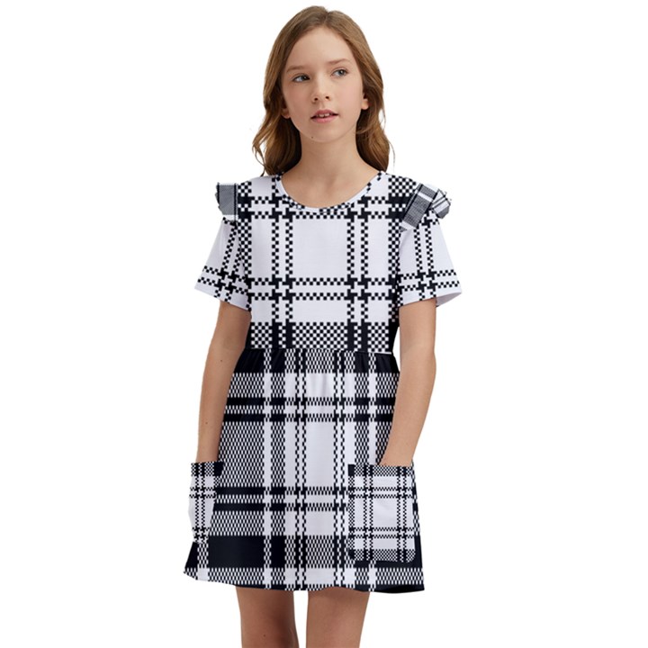 Pixel-background-design-modern-seamless-pattern-plaid-square-texture-fabric-tartan-scottish-textile- Kids  Frilly Sleeves Pocket Dress