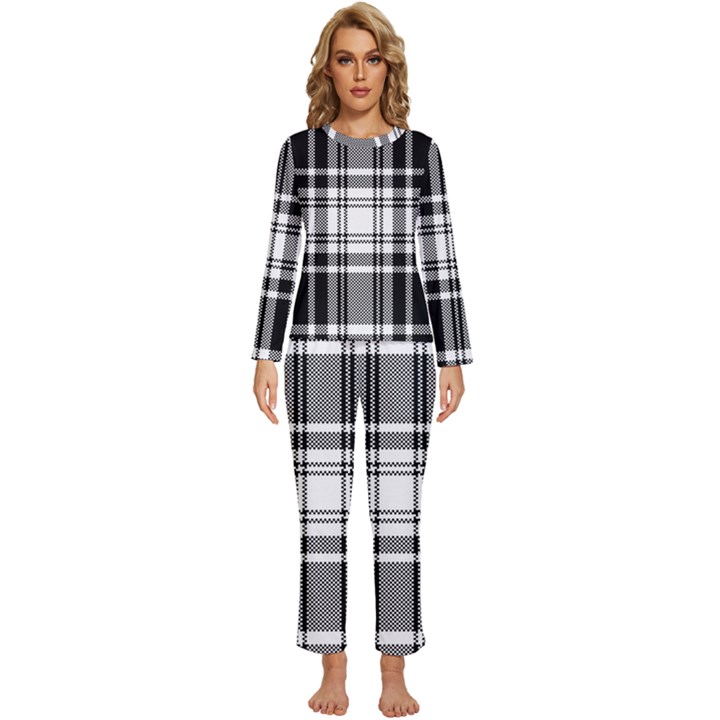 Pixel-background-design-modern-seamless-pattern-plaid-square-texture-fabric-tartan-scottish-textile- Womens  Long Sleeve Lightweight Pajamas Set