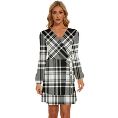 Pixel-background-design-modern-seamless-pattern-plaid-square-texture-fabric-tartan-scottish-textile- Long Sleeve Waist Tie Ruffle Velvet Dress