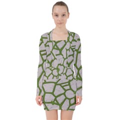 Cartoon-gray-stone-seamless-background-texture-pattern Green V-neck Bodycon Long Sleeve Dress by uniart180623