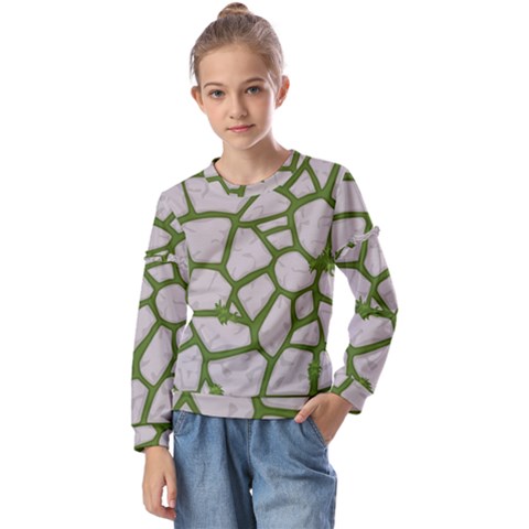 Cartoon-gray-stone-seamless-background-texture-pattern Green Kids  Long Sleeve Tee With Frill  by uniart180623