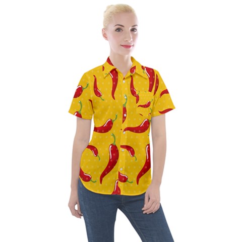 Chili-vegetable-pattern-background Women s Short Sleeve Pocket Shirt by uniart180623