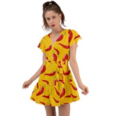 Chili-vegetable-pattern-background Flutter Sleeve Wrap Dress by uniart180623