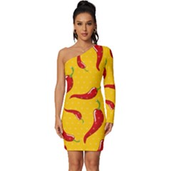 Chili-vegetable-pattern-background Long Sleeve One Shoulder Mini Dress by uniart180623