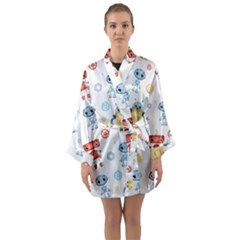 Cute-cartoon-robots-seamless-pattern Long Sleeve Satin Kimono by uniart180623