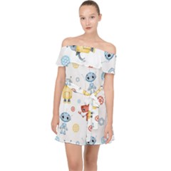 Cute-cartoon-robots-seamless-pattern Off Shoulder Chiffon Dress by uniart180623