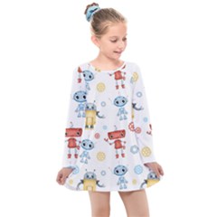 Cute-cartoon-robots-seamless-pattern Kids  Long Sleeve Dress by uniart180623