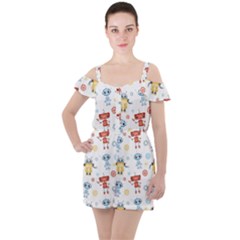 Cute-cartoon-robots-seamless-pattern Ruffle Cut Out Chiffon Playsuit by uniart180623