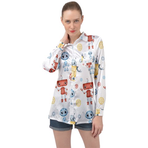 Cute-cartoon-robots-seamless-pattern Long Sleeve Satin Shirt by uniart180623