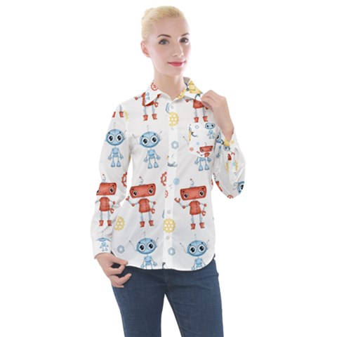 Cute-cartoon-robots-seamless-pattern Women s Long Sleeve Pocket Shirt by uniart180623