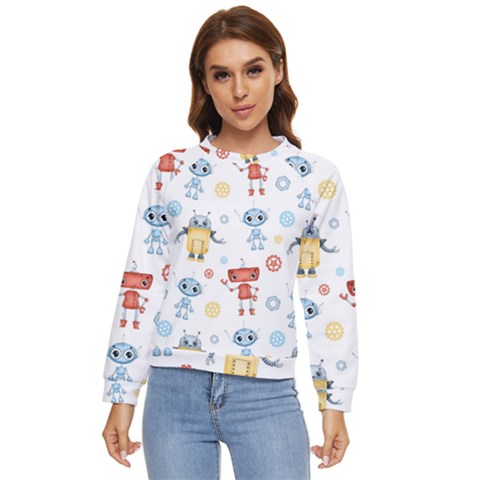 Cute-cartoon-robots-seamless-pattern Women s Long Sleeve Raglan Tee by uniart180623