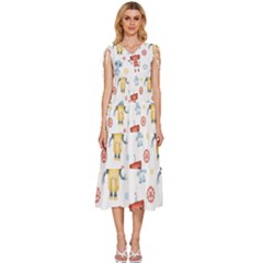 Cute-cartoon-robots-seamless-pattern V-neck Drawstring Shoulder Sleeveless Maxi Dress by uniart180623