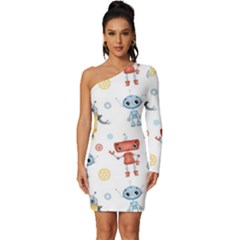 Cute-cartoon-robots-seamless-pattern Long Sleeve One Shoulder Mini Dress by uniart180623