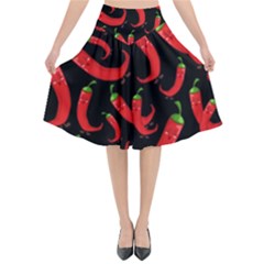 Seamless-vector-pattern-hot-red-chili-papper-black-background Flared Midi Skirt by uniart180623