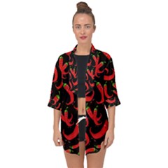 Seamless-vector-pattern-hot-red-chili-papper-black-background Open Front Chiffon Kimono by uniart180623