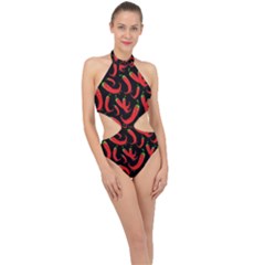 Seamless-vector-pattern-hot-red-chili-papper-black-background Halter Side Cut Swimsuit