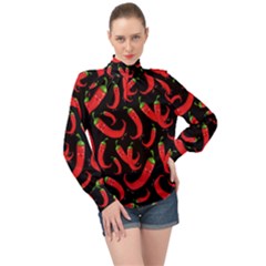 Seamless-vector-pattern-hot-red-chili-papper-black-background High Neck Long Sleeve Chiffon Top by uniart180623