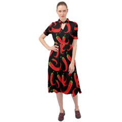 Seamless-vector-pattern-hot-red-chili-papper-black-background Keyhole Neckline Chiffon Dress by uniart180623