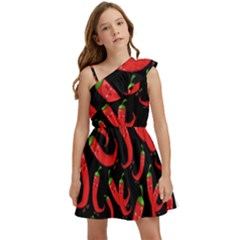 Seamless-vector-pattern-hot-red-chili-papper-black-background Kids  One Shoulder Party Dress by uniart180623