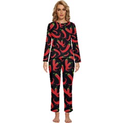 Seamless-vector-pattern-hot-red-chili-papper-black-background Womens  Long Sleeve Lightweight Pajamas Set by uniart180623