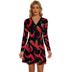 Seamless-vector-pattern-hot-red-chili-papper-black-background Long Sleeve Deep V Mini Dress 