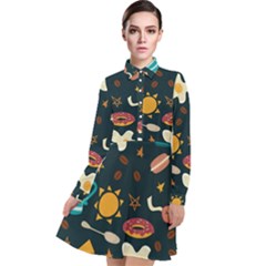 Seamless-pattern-with-breakfast-symbols-morning-coffee Long Sleeve Chiffon Shirt Dress by uniart180623