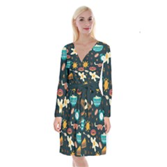 Seamless-pattern-with-breakfast-symbols-morning-coffee Long Sleeve Velvet Front Wrap Dress by uniart180623