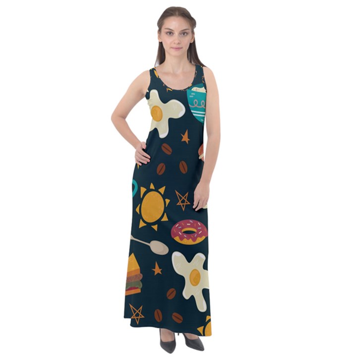 Seamless-pattern-with-breakfast-symbols-morning-coffee Sleeveless Velour Maxi Dress