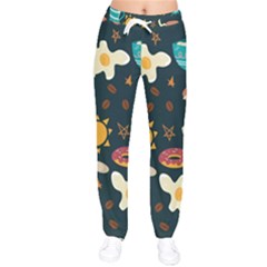 Seamless-pattern-with-breakfast-symbols-morning-coffee Women Velvet Drawstring Pants by uniart180623