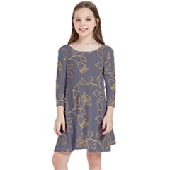 Seamless-pattern-gold-floral-ornament-dark-background-fashionable-textures-golden-luster Kids  Quarter Sleeve Skater Dress by uniart180623