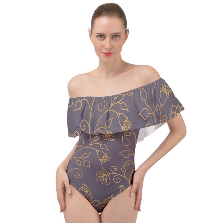 Seamless-pattern-gold-floral-ornament-dark-background-fashionable-textures-golden-luster Off Shoulder Velour Bodysuit 