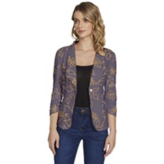 Seamless-pattern-gold-floral-ornament-dark-background-fashionable-textures-golden-luster Women s One-button 3/4 Sleeve Short Jacket by uniart180623