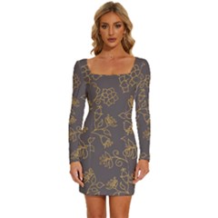 Seamless-pattern-gold-floral-ornament-dark-background-fashionable-textures-golden-luster Long Sleeve Square Neck Bodycon Velvet Dress by uniart180623