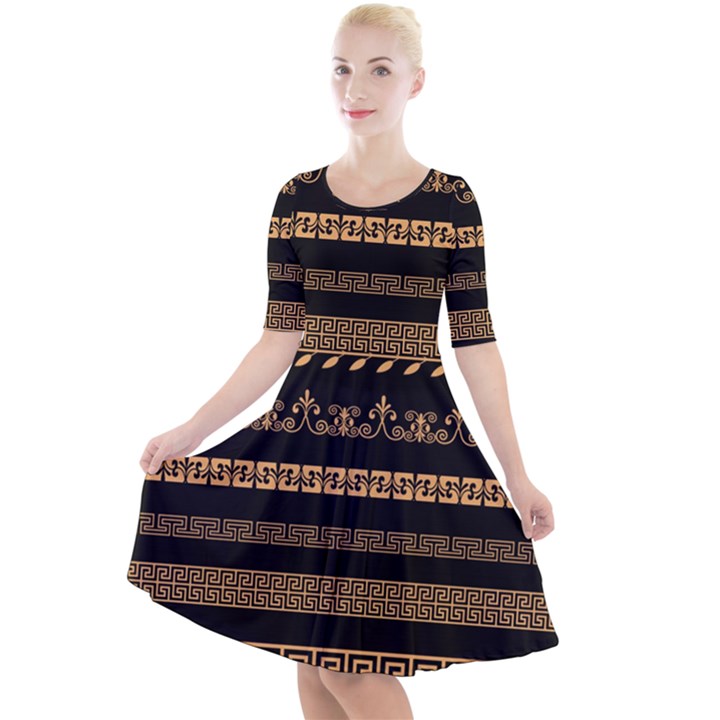 Set-antique-greek-borders-seamless-ornaments-golden-color-black-background-flat-style-greece-concept Quarter Sleeve A-Line Dress