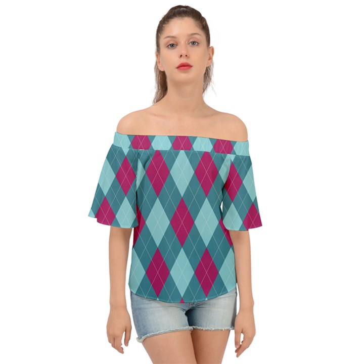 Argyle-pattern-seamless-fabric-texture-background-classic-argill-ornament Off Shoulder Short Sleeve Top