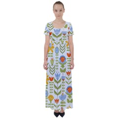 Seamless-pattern-with-various-flowers-leaves-folk-motif High Waist Short Sleeve Maxi Dress by uniart180623